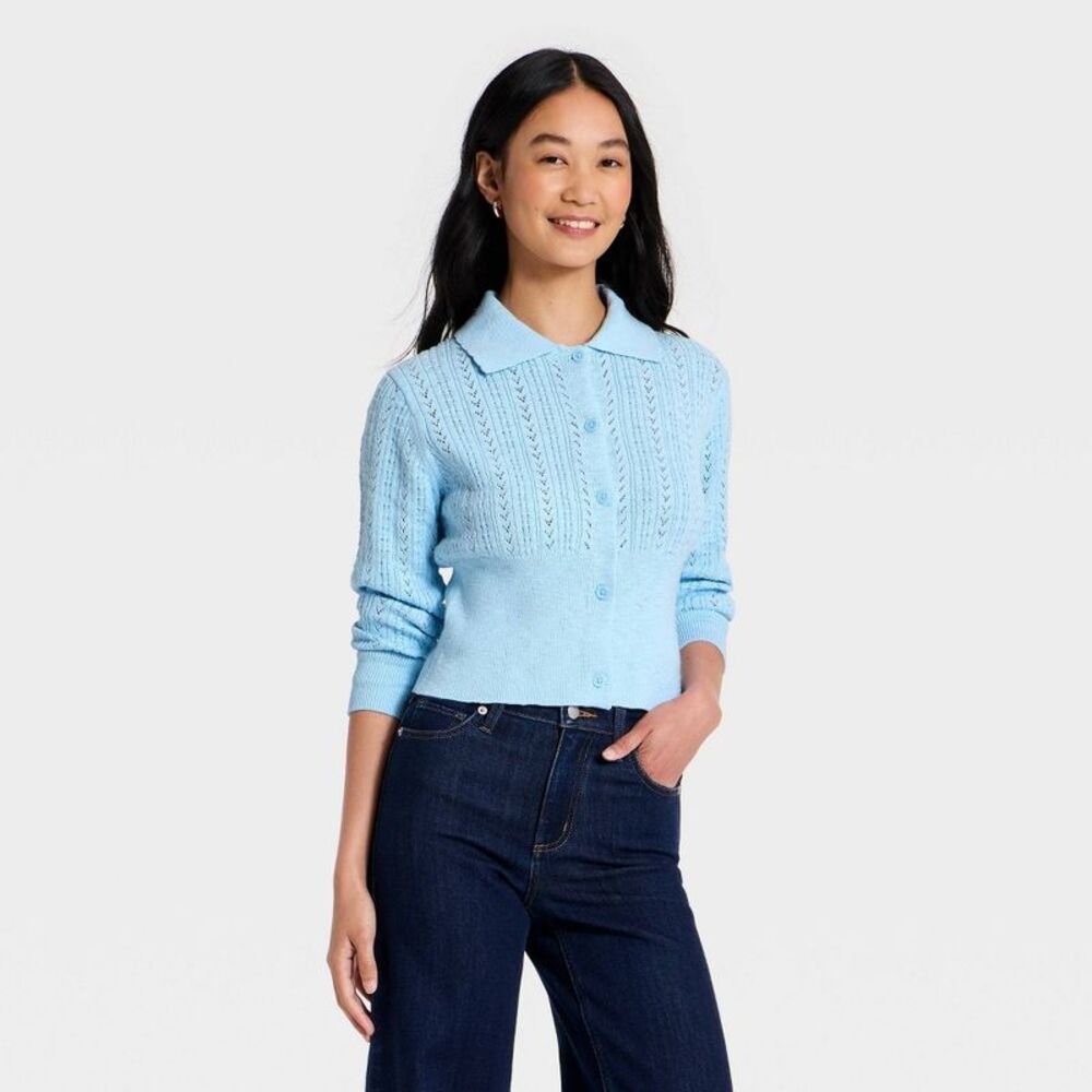 Women's Long Sleeve Pointelle Collared Cardigan - Universal Thread Blue M